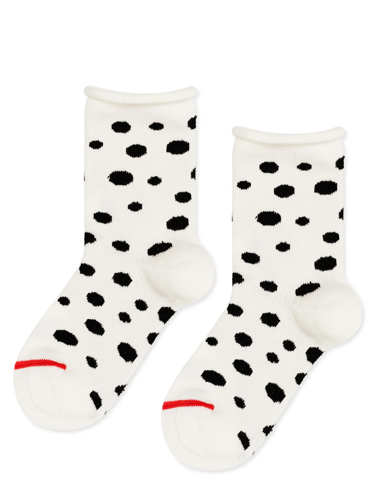 Flat lay view of ivory children's crew socks with black Dalmatian spots and red stripes across the toes.
