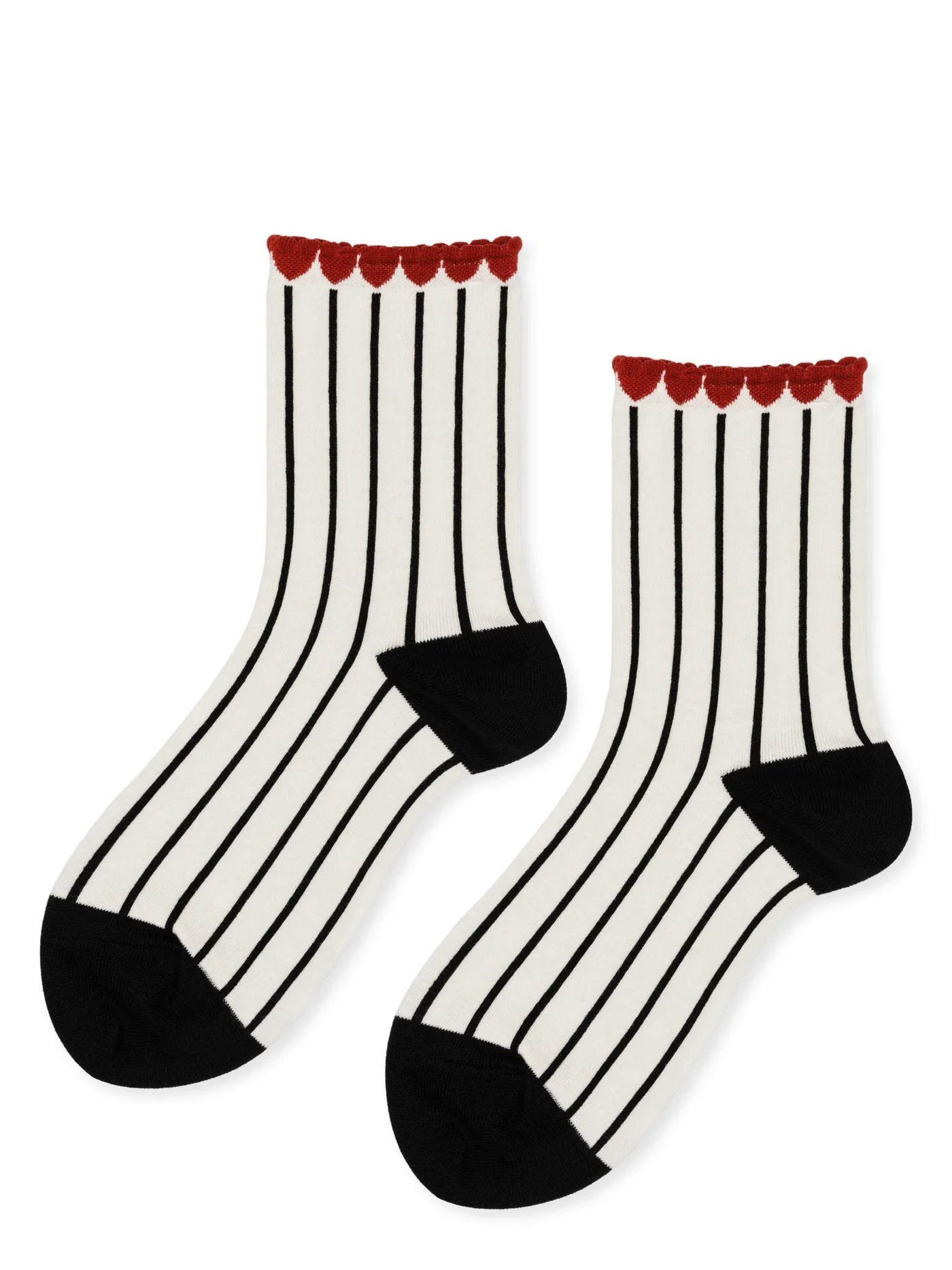 Tulip Top Short Crew socks in black and white vertical stripe with red tulip scallop cuff and black heel and toe, flat lay product shot
