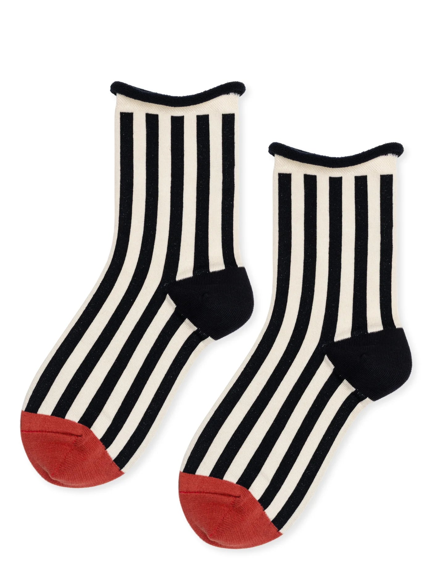 Black and white striped socks with red toes on a white background