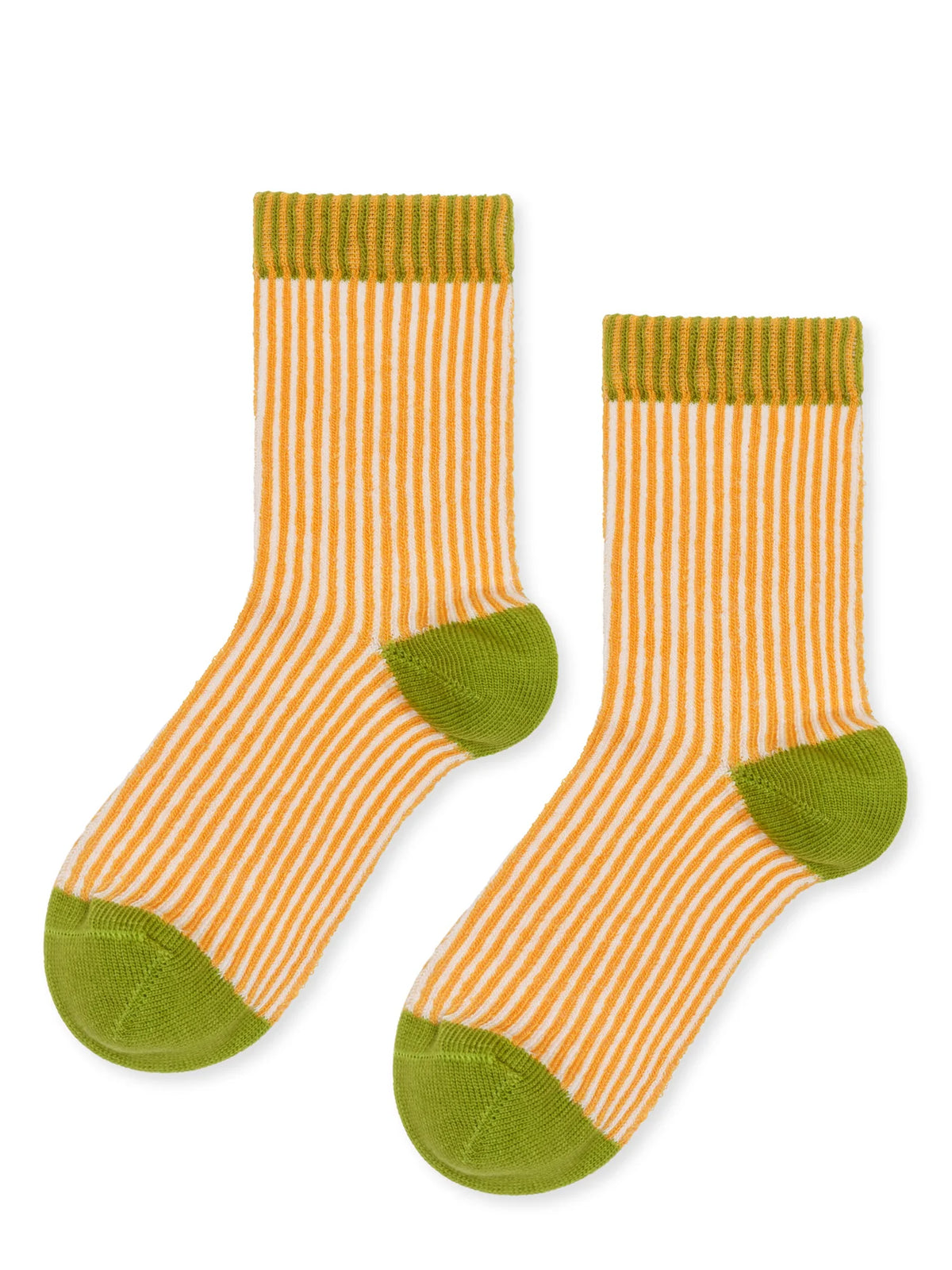 Flat lay of Mini Umbrella Crew socks in Sunshine with yellow and cream stripes and green cuffs, heels, and toes.
