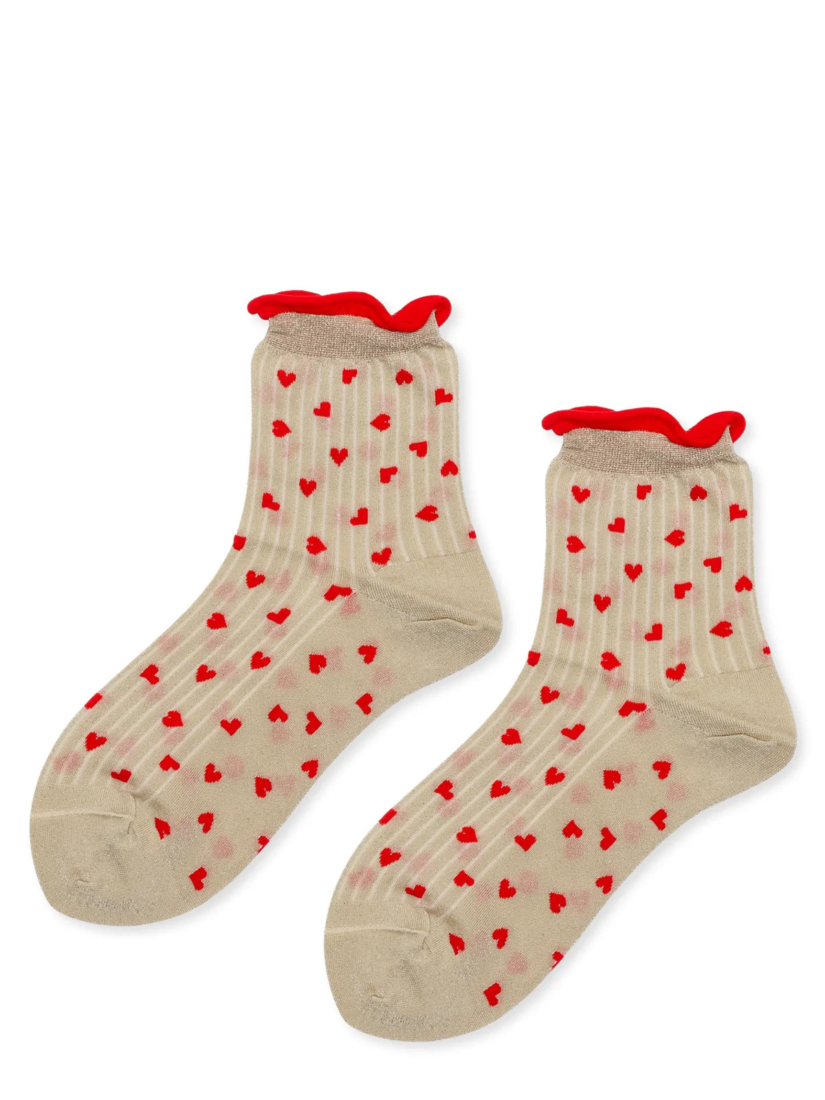 Spiffy Hearts Short Crew socks in Ecru — sheer ecru ribbed nylon short crew with allover red heart motif and red ruffle cuff, flat lay pair on white background
