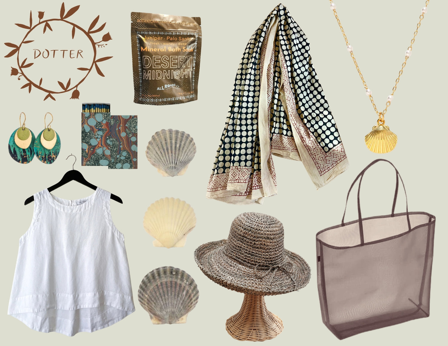A curated flat-lay collage of multiple fashion accessories on a light beige background, including a white sleeveless top on a hanger, a black-and-white patterned scarf, a gold shell pendant necklace, a gold-tone chain necklace, a brown woven hat on a stand, shell-shaped earrings, a patterned notebook, a metallic pouch, and a taupe mesh tote bag. The word 'DOTTER' appears in a leafy circular logo at upper left.