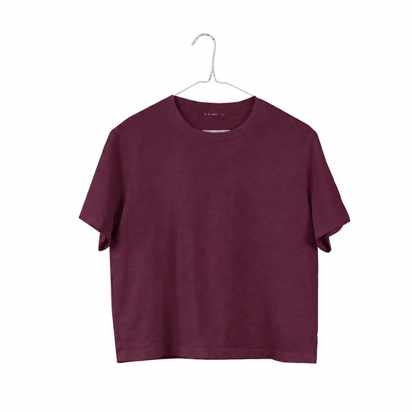 Plum boxy cotton crop tee with a round neckline and short sleeves, shown from the front on a hanger.
