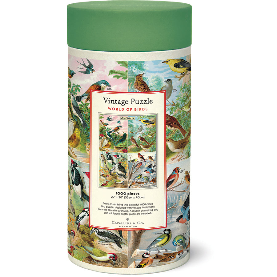 Back of the World of Birds Vintage Puzzle tube showing the finished puzzle image, piece count, and size details.
