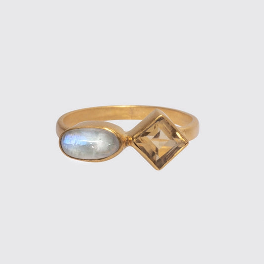 Jane Diaz | Gold Rainbow Moonstone & Citrine Stacking Ring