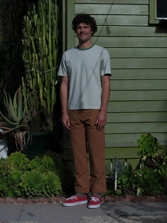 Model wearing the Mollusk Striped Heavy Tee in Green, a white and green striped crewneck tee with a green collar, styled with brown pants and red sneakers, standing in front of a green house surrounded by succulents and cacti