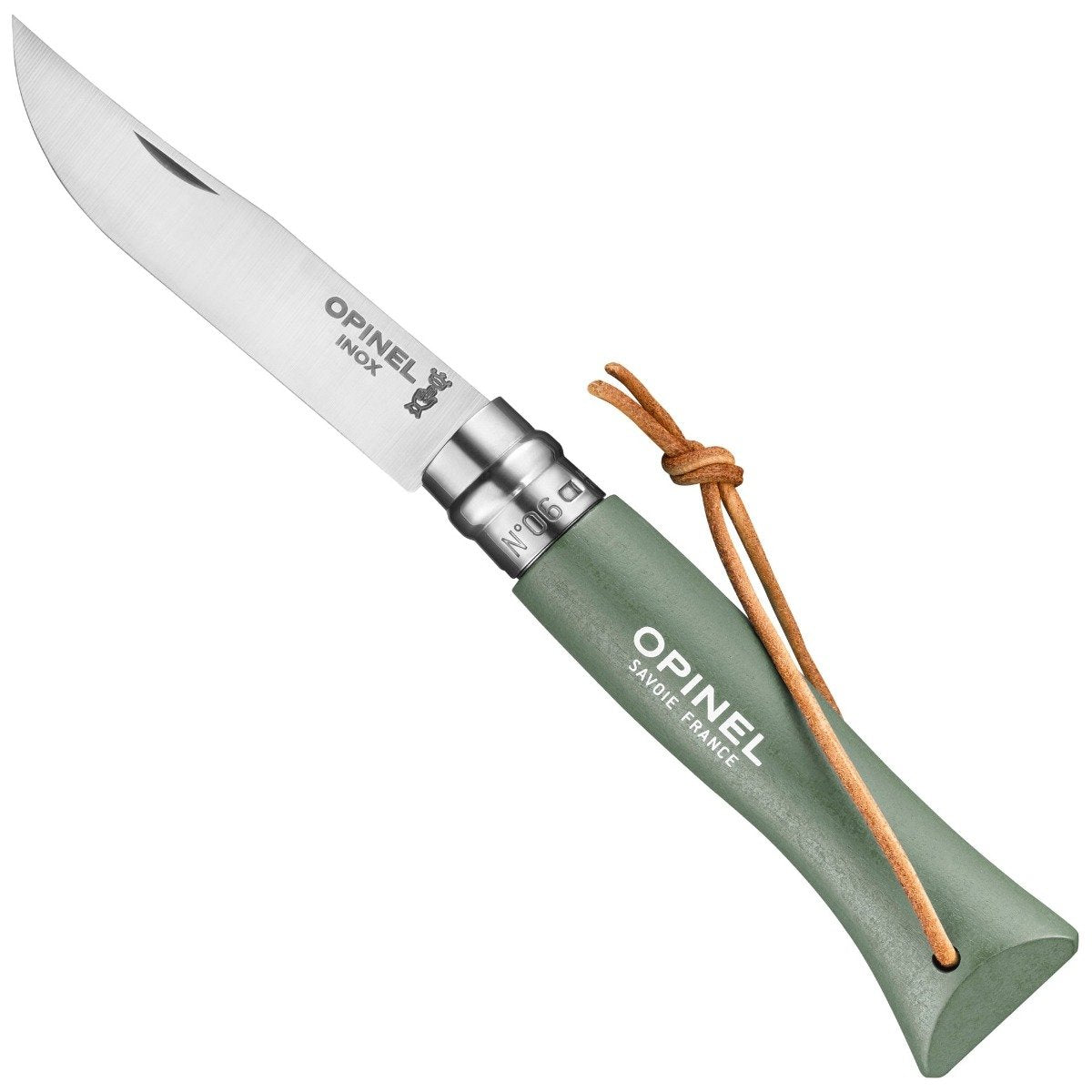 Opinel No.6 Colorama folding pocket knife open, showing stainless steel blade, sage green hornbeam handle with Virobloc safety ring, and leather lanyard