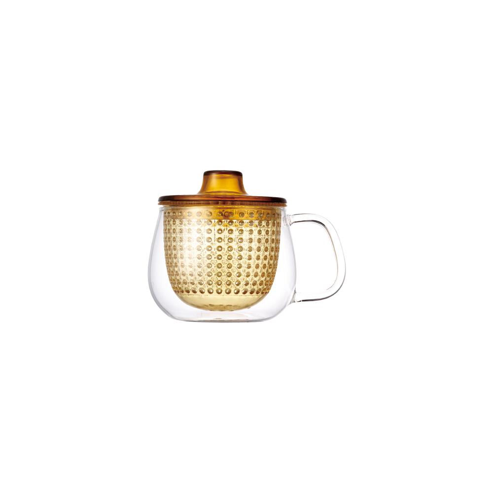Kinto Unimug in Yellow — clear glass mug with amber yellow dotted strainer insert and yellow lid, 350ml
