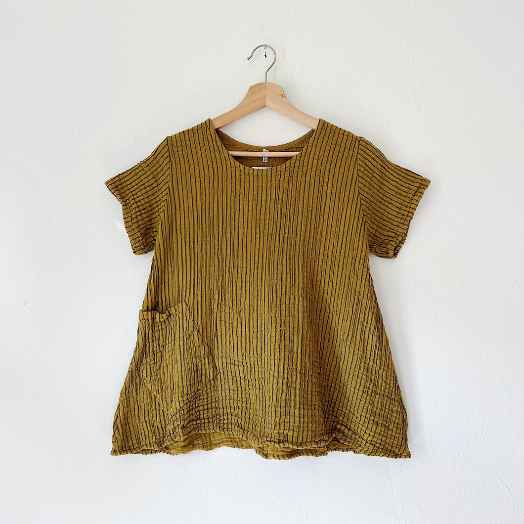 Nusantara | Double Gauze One Pocket Tee in Mustard Stripe