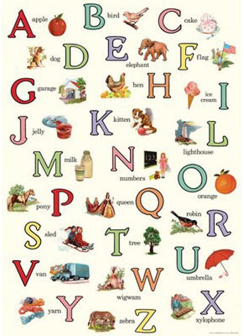 This beautiful print features vintage alphabet letters and corresponding images.