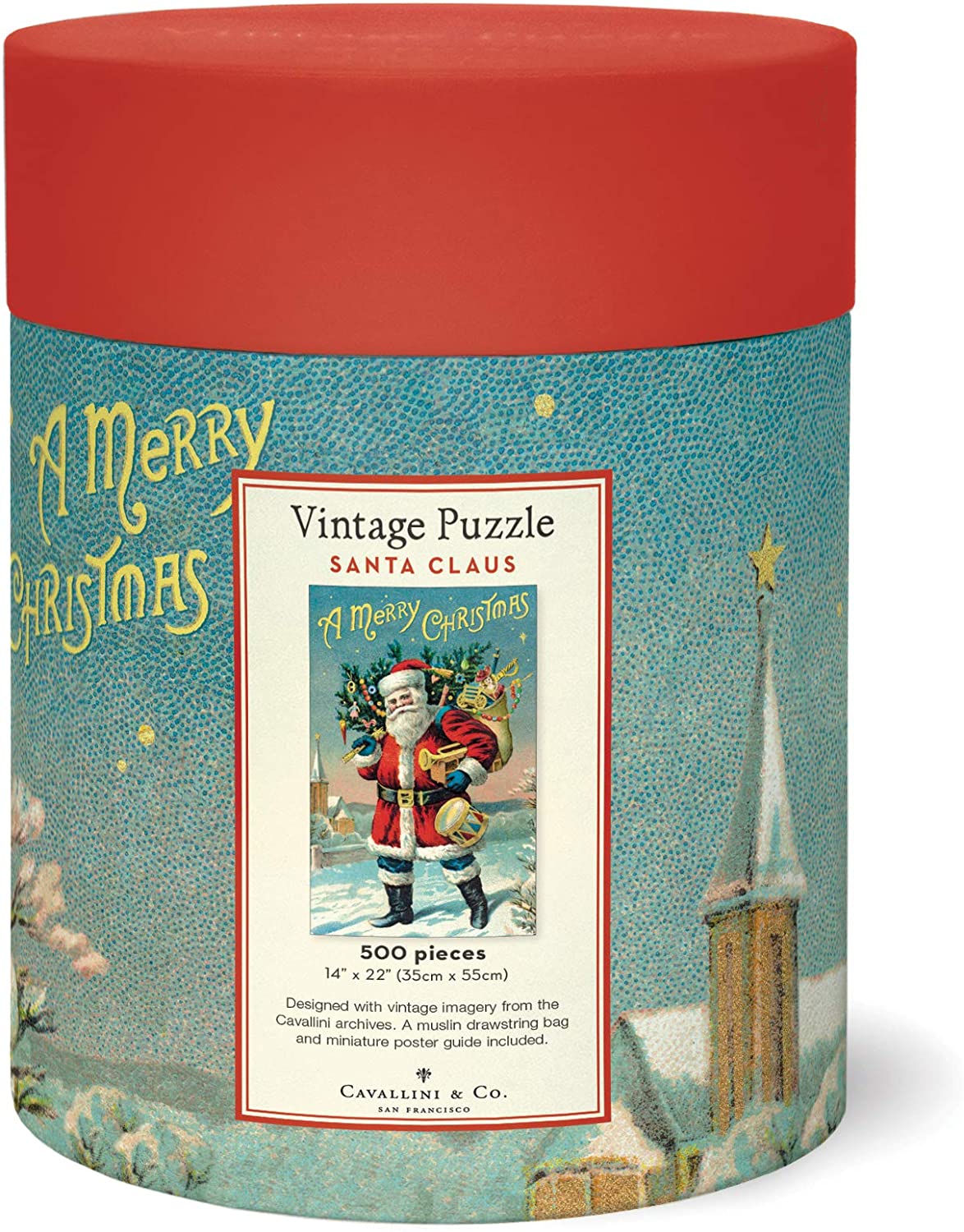 Back of the Santa Claus Vintage Puzzle tube showing the finished puzzle image, size details, and a snowy A Merry Christmas scene wrap.
