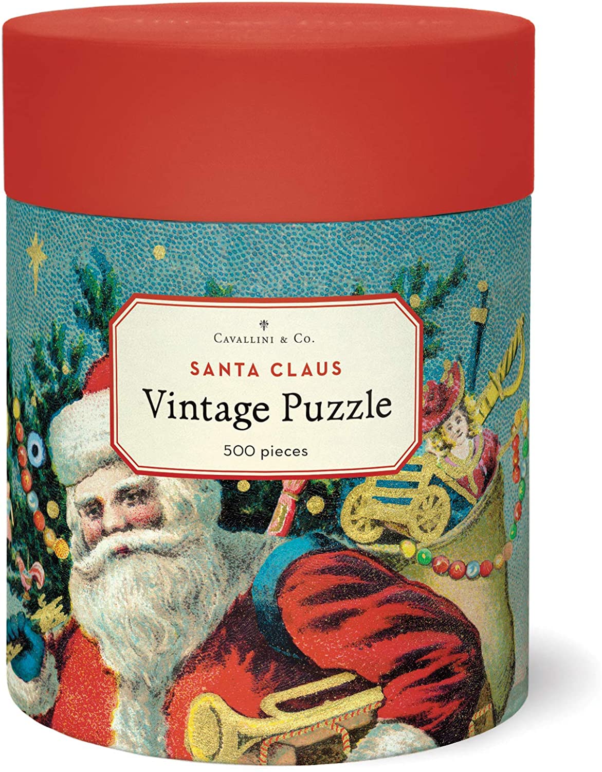 Front of the Cavallini & Co. Santa Claus Vintage Puzzle tube with a red lid, showing the 500 piece label over vintage Santa artwork.
