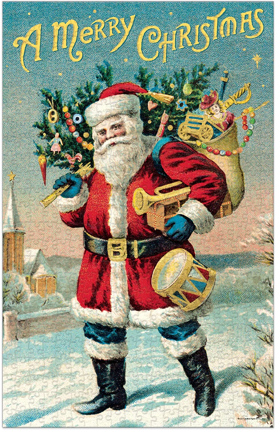 Finished puzzle image: a vintage illustration of Santa Claus in a red suit carrying toys through the snow, with A Merry Christmas in gold lettering above.
