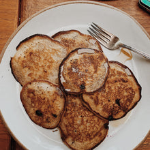 Load image into Gallery viewer, blue corn pancakes on plate
