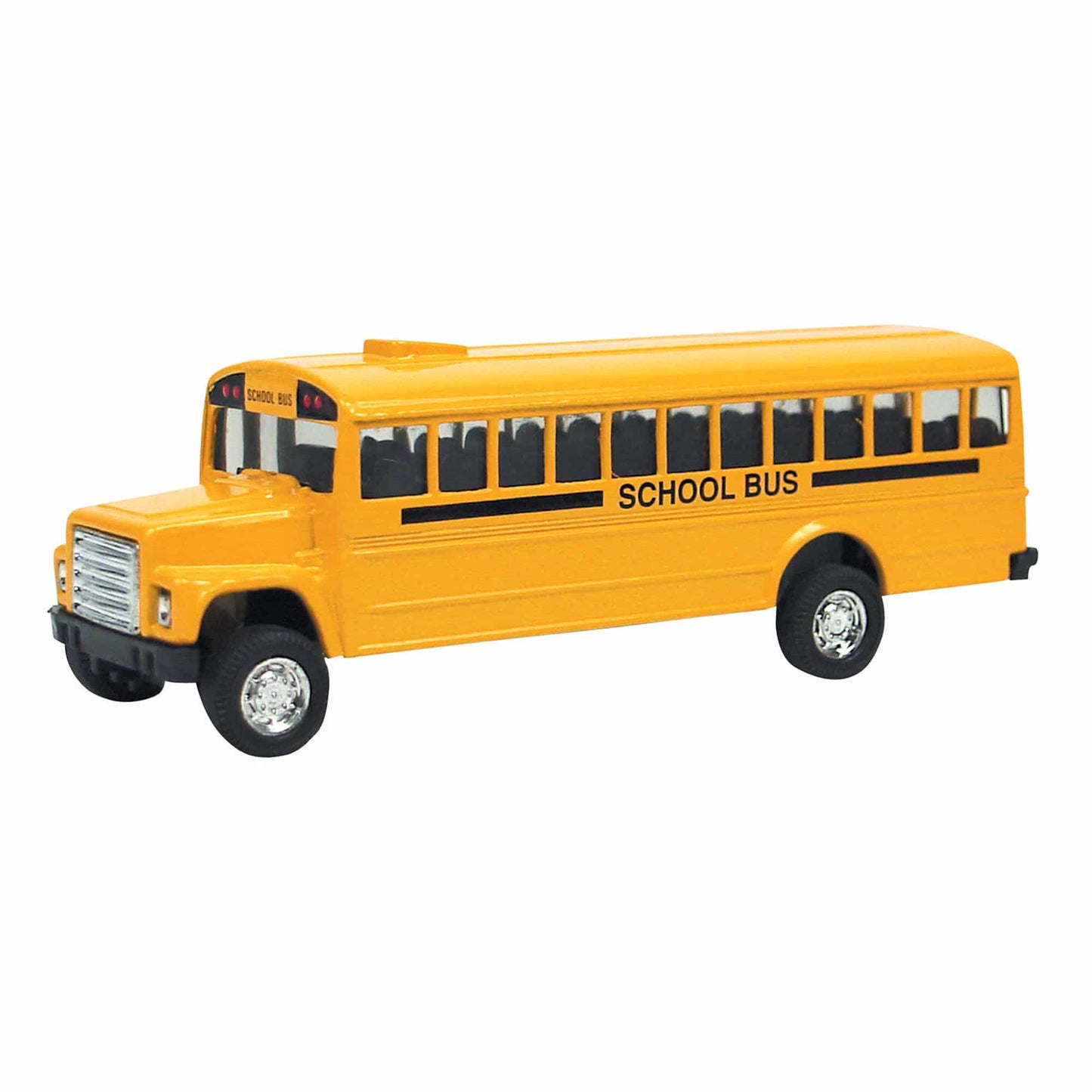 Diagonal view of a classic yellow school bus toy car.