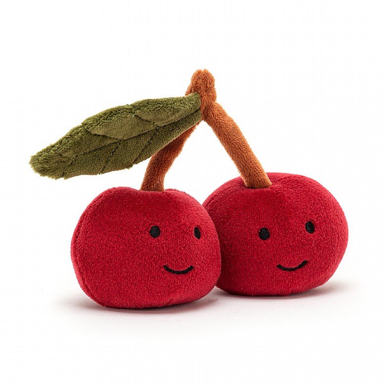 stuffy shaped like a pair of cherries each with a little smiley face, photographed against a white background