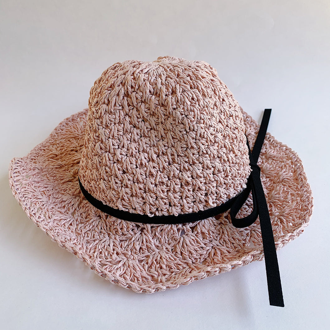 girls paper braid hat pink laydown on white background