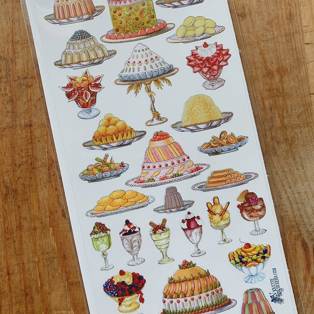 Overhead close up shot of realistic French pastry stickers