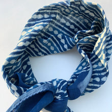 Load image into Gallery viewer, Close up detail shot of cotton bandana in a diamond trail pattern in indigo
