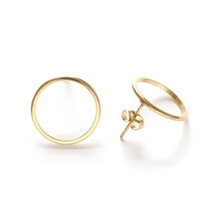 Load image into Gallery viewer, amano studio gold circle stud earrings one straight one angled on white background
