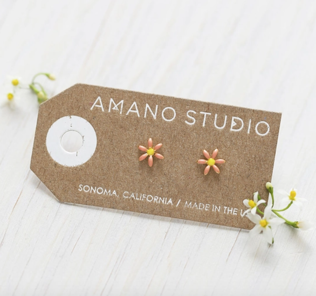 amano studio pink daisy studs laydown in packaging