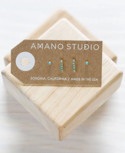 amano stud set turquoise laydown on wooden block in card backing