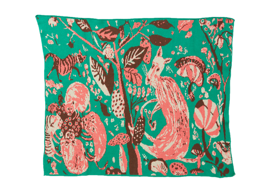 Mushroom Emerald child blanket laid flat, with pink and cream woodland animals, mushrooms, and brown leaves on green.
