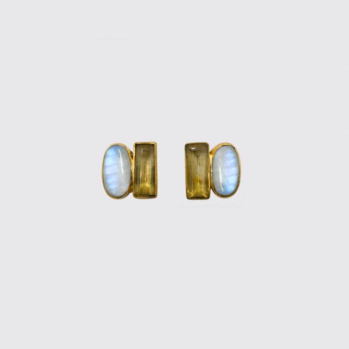 Oval Cabochon and Baguette Double Stone Stud in Rainbow Moonstone/Citrine