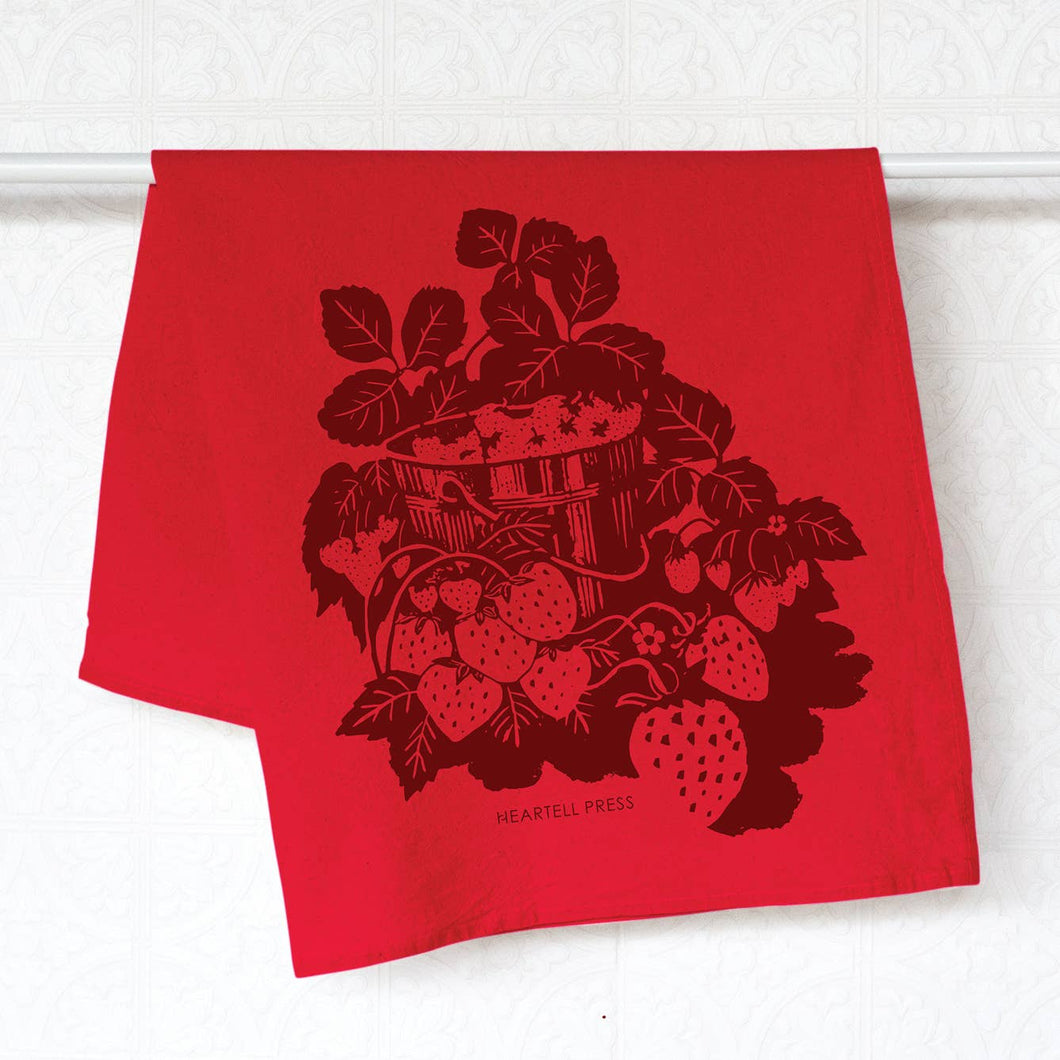 Screen Printed Red Strawberries Generous Kitchen Towel