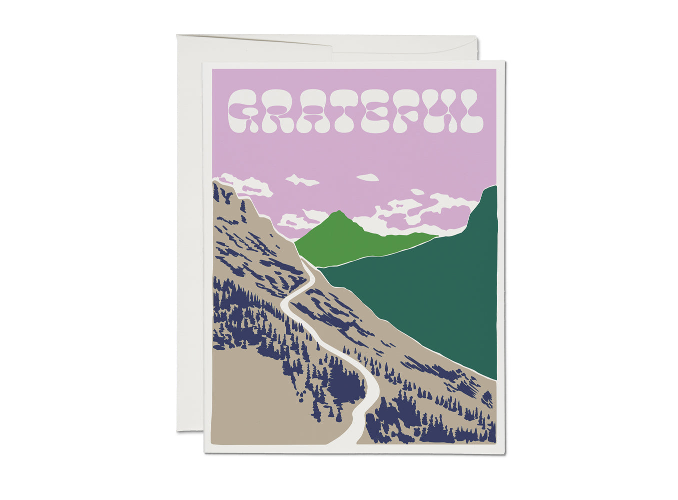 A card with an illustration of a mountainous valley with a trail in the foreground, green mountains and a lavender sky with the text 'grateful' printed in white