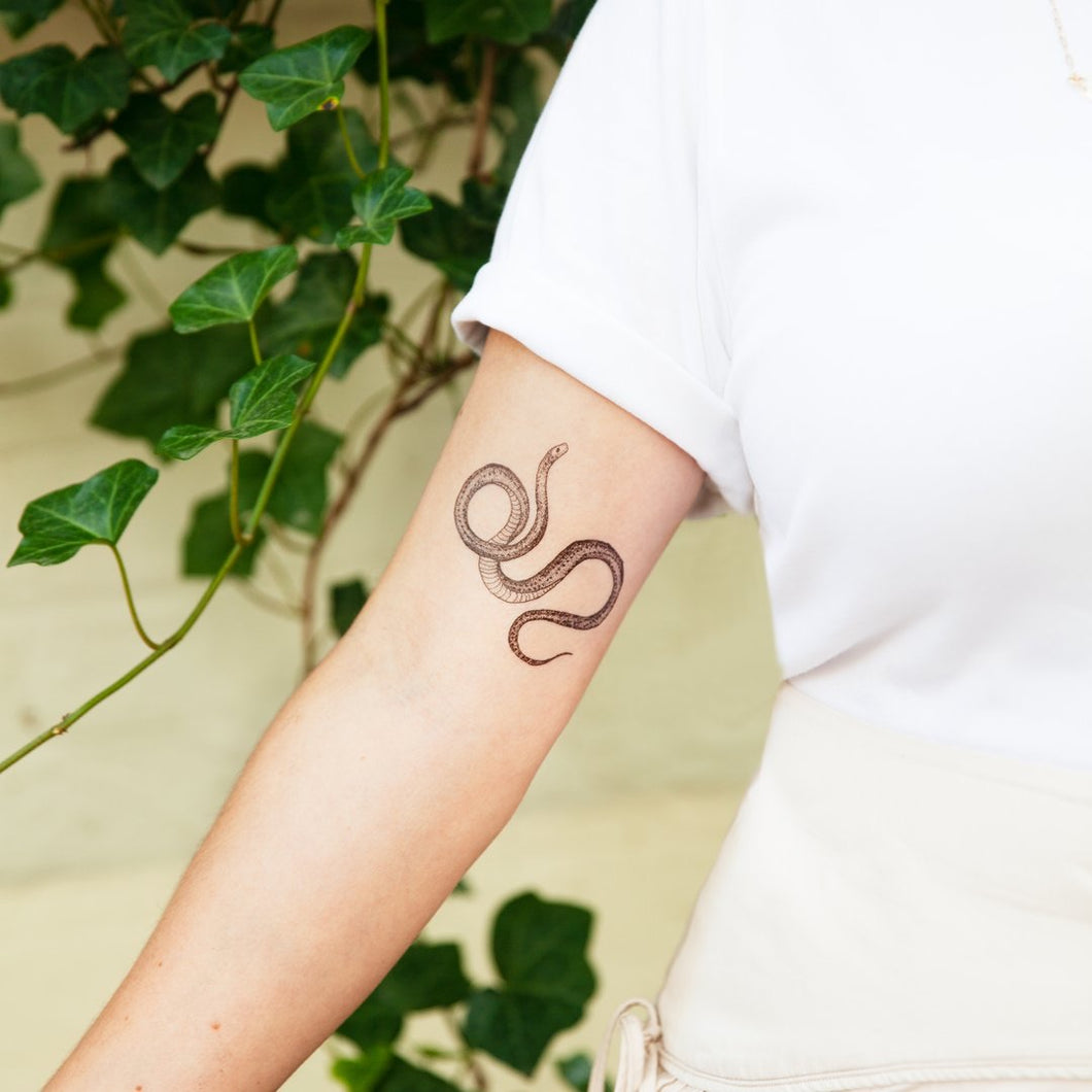 tattly serpent tattoo seen on model's inner upper arm