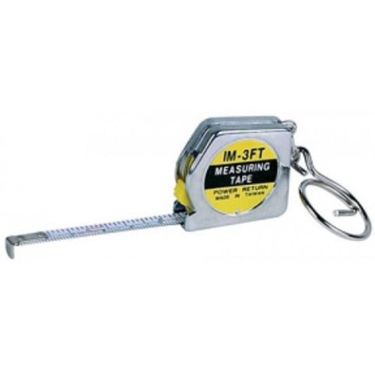 Side view of mini keychain tape measure with the tape extended.