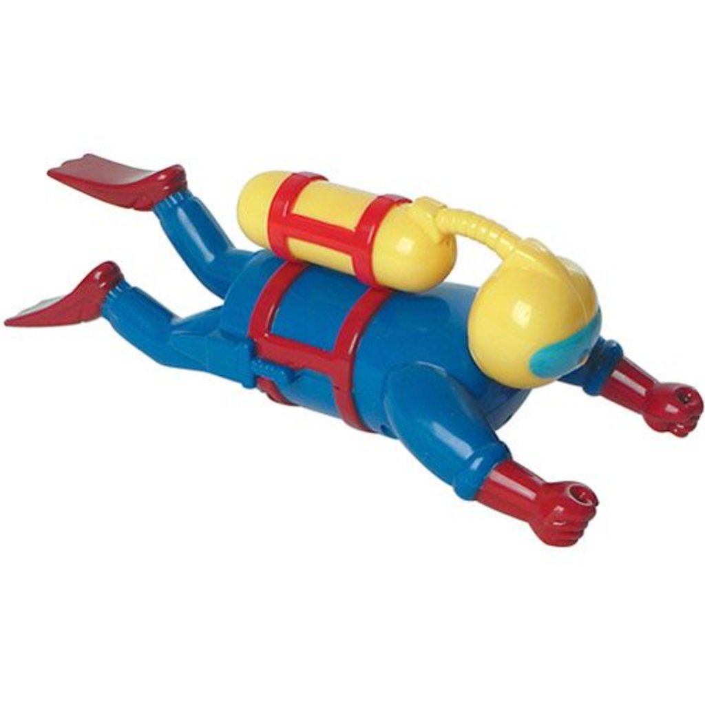 Blue plastic wind-up scuba diver toy with red fins, gloves, and harness straps, and a yellow helmet and air tank, shown in a swimming pose on a white background