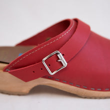 Load image into Gallery viewer, close up outer side view alma clog red from sweden
